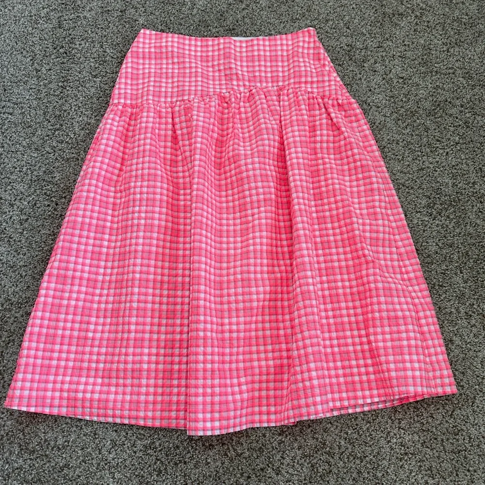 NWT Top Shop Seersucker Bright Pink Gingham Neon Maxi Skirt Sze 10 Drop Waist - Picture 2 of 8